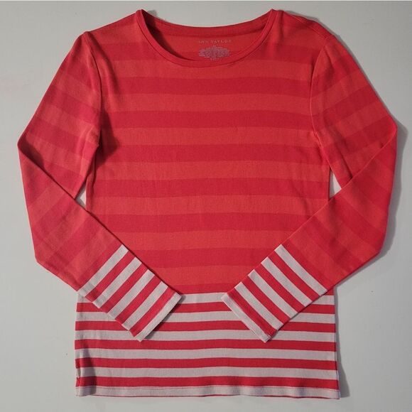 Ann Taylor Tops - Ann Taylor Orange & Tan Stripe Long Sleeve Crewneck Colorblock Pullover  Top